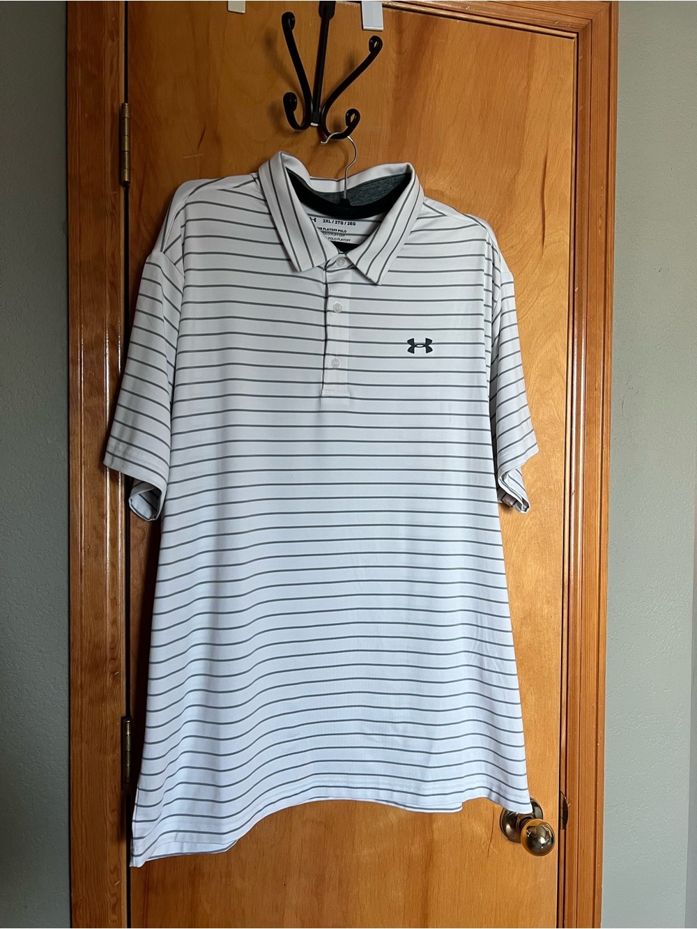 Under Armour White Polo with Thin Gray Stripes and Logo